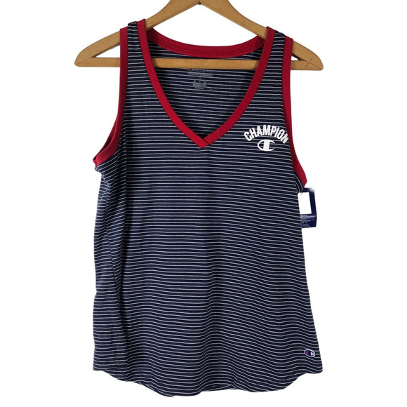 Champion Tank Top Womens Large V Neck Knit Navy Blue Stripe Red Piping NEW - Picture 1 of 5